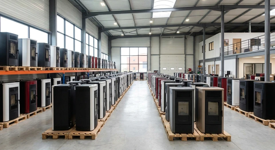 Photographie en couleur d'un entrepôt de fabrication ou de stockage de poêles à granulés et poêles à bois. L'image montre plusieurs poêles modernes bien rangés, de qualité, en attente de distribution ou de livraison. Les poêles sont visibles dans un cadre professionnel et organisé, transmettant l'idée de production directe, de stock de qualité et d'approvisionnement sans intermédiaire. L'éclairage doit être professionnel et la composition doit transmettre la confiance et la transparence commerciale.