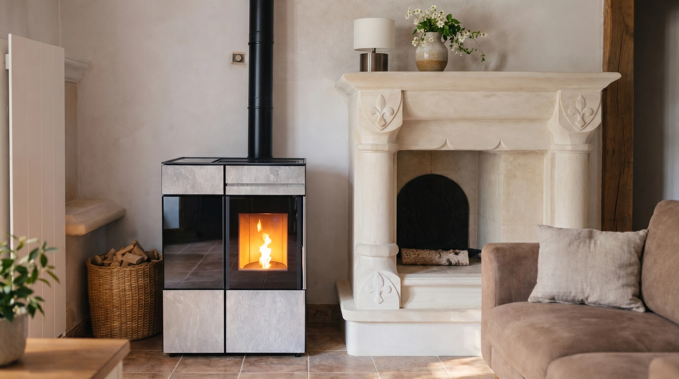 Salon rustique avec deux systèmes de chauffage : un poêle à granulés moderne habillé de pierre naturelle claire avec vitre et flamme visible, raccordé à un conduit noir, et une cheminée ancienne en pierre calcaire sculptée avec fleurs de lys, non allumée