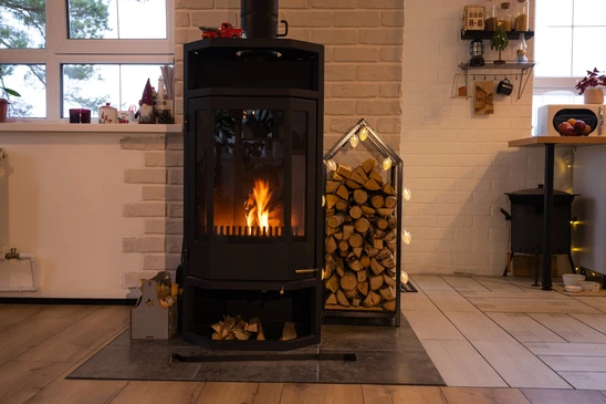 Intérieur résidentiel avec cheminée à foyer fermé en fonctionnement, flammes vives visibles à travers vitre, bûches en combustion