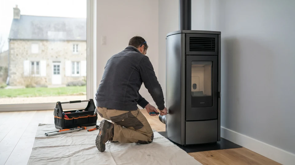 Un artisan qualifié effectuant l'installation d'un poêle à granulés modernes dans un intérieur résidentiel, présenté en train de travailler professionnellement sur l'appareil avec ses outils. La scène montre clairement le professionnel dans un cadre domestique, illustrant le concept de service complet et de prise en charge professionnelle d'un projet de chauffage biomasse.