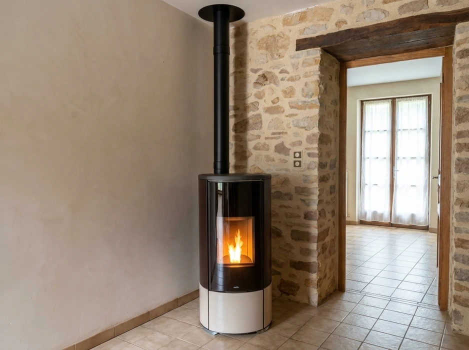Salon moderne avec poêle à granulés cylindrique noir laqué, installé en angle sur plaque de protection en verre trempé