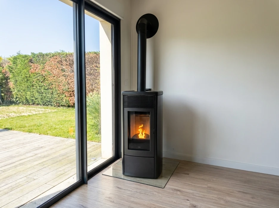 Intérieur moderne avec poêle à granulés en fonctionnement, flammes orangées visibles dans le foyer vitré