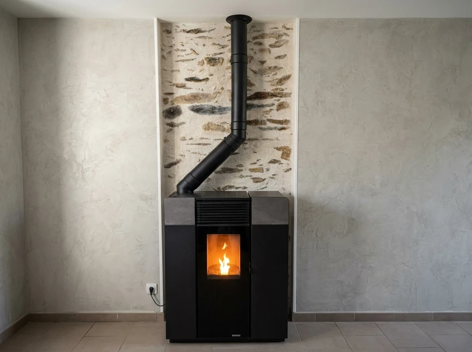 Poêle à granulés design cylindrique, carrosserie bicolore blanc et noir laqué, vitre de combustion rectangulaire avec flammes visibles, conduit d'évacuation noir vertical