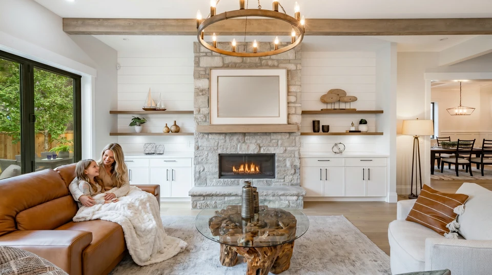 Cheminée moderne en fonctionnement avec feu de bois actif dans foyer fermé à porte vitrée
