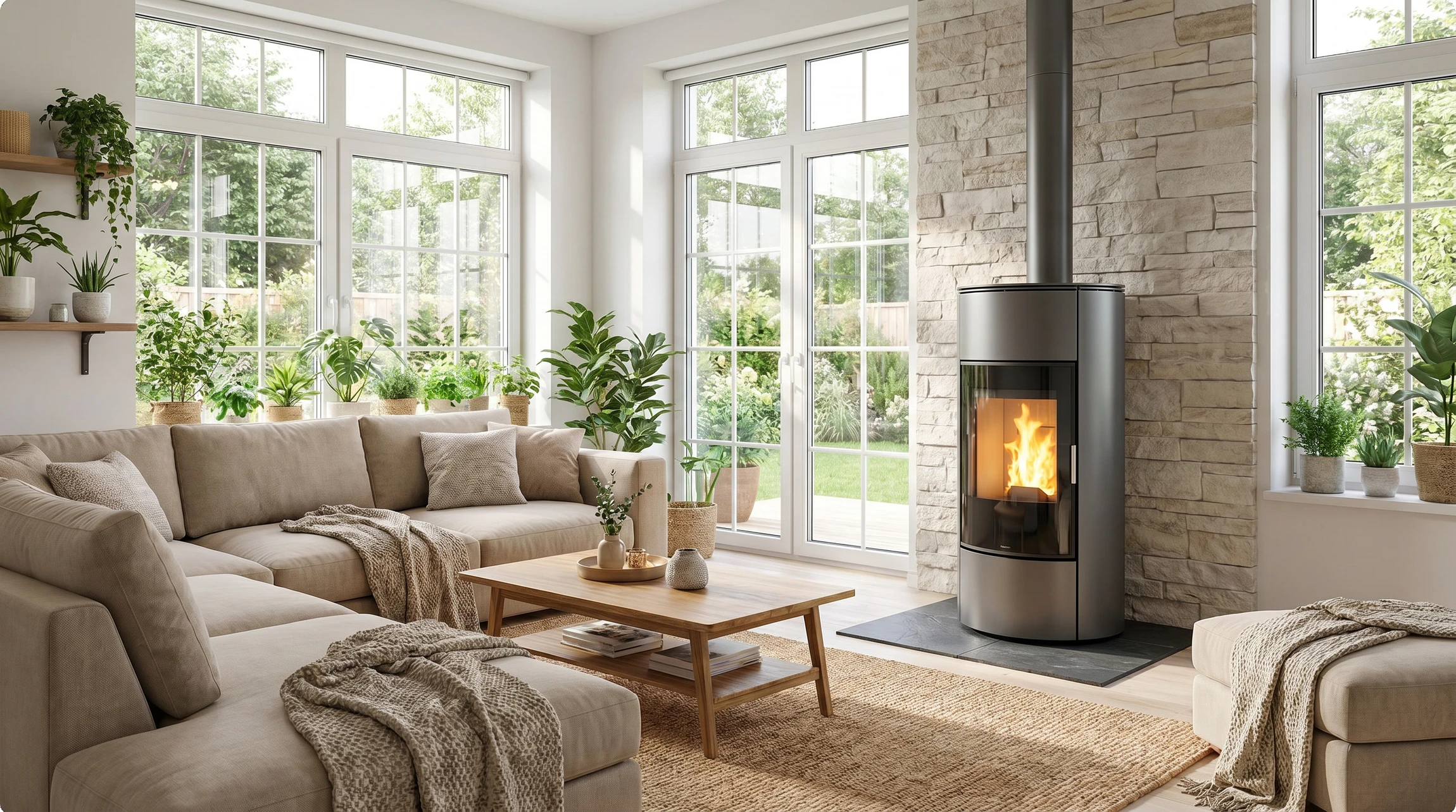 Intérieur résidentiel chaleureux avec poêle à granulés en fonctionnement, flammes visibles par la vitre