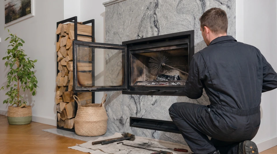 Intérieur résidentiel avec cheminée à foyer fermé en fonctionnement, flammes visibles à travers la vitre
