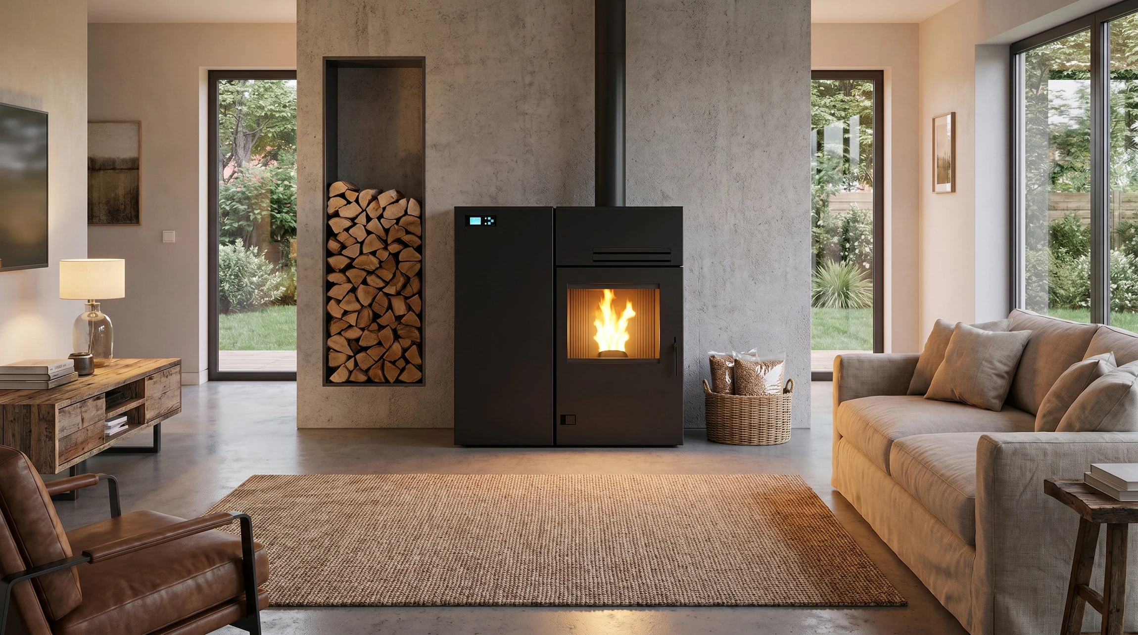 Intérieur résidentiel avec poêle à granulés en fonctionnement, flammes orange visibles à travers la vitre