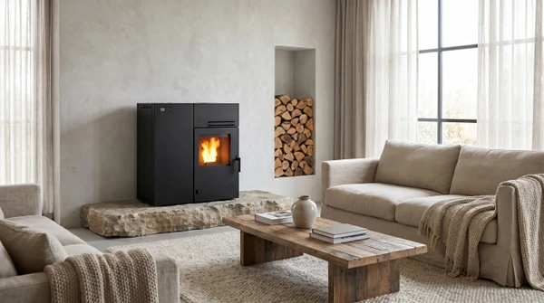 Intérieur résidentiel avec cheminée à foyer fermé en fonctionnement, flammes vives visibles à travers vitre, bûches en combustion